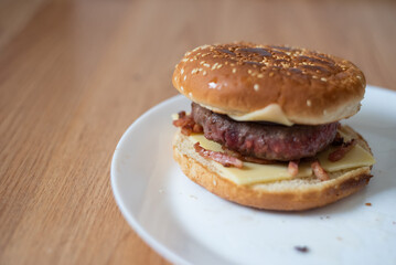 Handmade hamburger with french fries and dips made at home