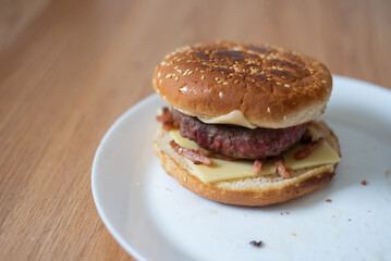 Handmade hamburger with french fries and dips made at home