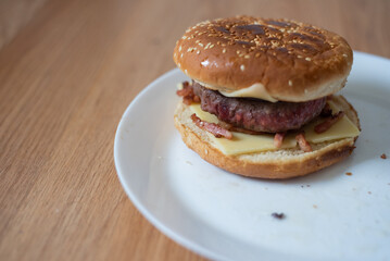 Handmade hamburger with french fries and dips made at home