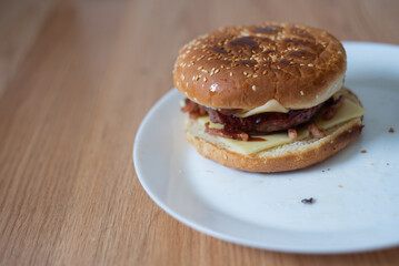 Handmade hamburger with french fries and dips made at home