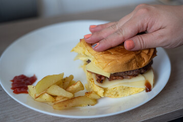 Handmade hamburger with french fries and dips made at home