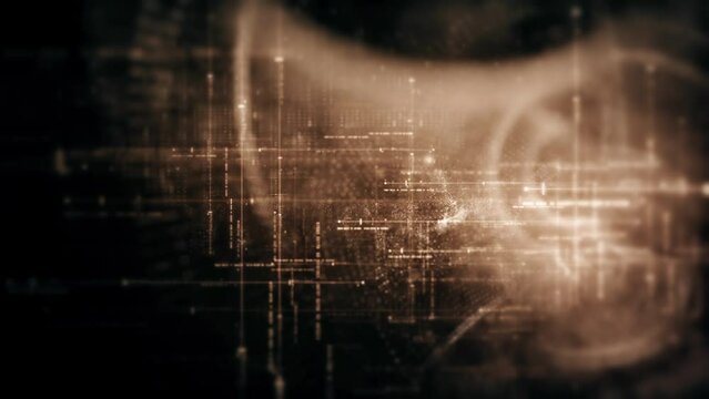 Futuristic abstract de-focus Metaverse data matrix, meta, telemetry and encrypt numbers display with particles simulation in cyber space environment for HUD loop background