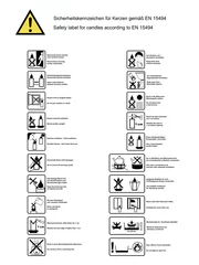 Sicherheitskennzeichen für Kerzen nach EN 15494. Text in deutsch und englisch. 20 Symbole + allgemeines Warnzeichen. Vektor © Stefanie
