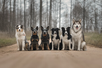 Six dogs of different breeds are sitting on the road