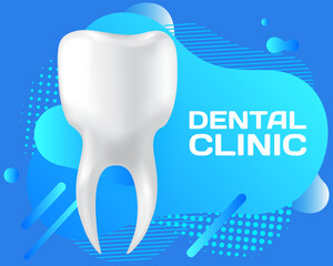 Dental clinic poster vector illustration. Advertising of hospital for teeth treatment. Medical services for installation of dental implant. Human gum with healthy teeth and denture on dentistry banner