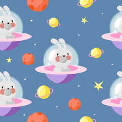 Seamless Pattern with Cute Rabbit in the spaceship. Vector illustration. For greeting card, posters, banners, the card, printing on the pack, printing on clothes, fabric, wallpaper.