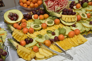 table full of fruits at a wedding in Romania