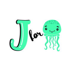 J for Jellyfish, J Letter and Jellyfish Vector Illustration, Alphabet Design For Children