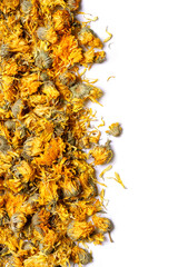 Medicinal flowers of a calendula on white background. Herbal tea. Top view. Close up. High resolution - obrazy, fototapety, plakaty