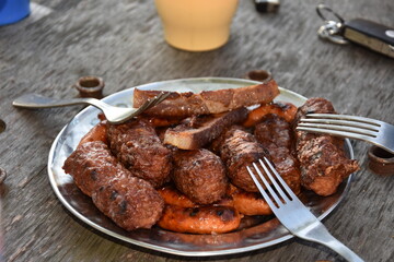  Romanian barbecue,grill, spicy sausages and bacon,mici