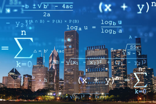 Chicago skyline from Butler Field to financial district skyscrapers, night time, Illinois, USA. Parks and gardens. Education concept. Academic research, top ranking universities, hologram
