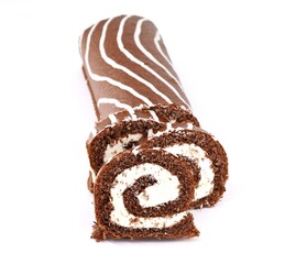 Chocolate and vanilla roll cake on white background