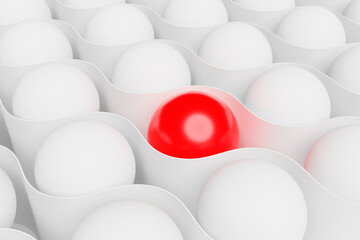 3d illustration geometric volumetric figure of a  white and red glowing balls with a white ribbon around them. one item different from others