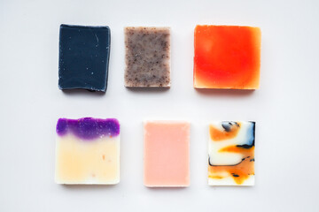 Colorful handmade solid soap bars, zero waste. Defocused