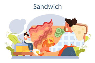 Sandwich. Variety of delicious sandwiches for breakfast. Toast with bacon,