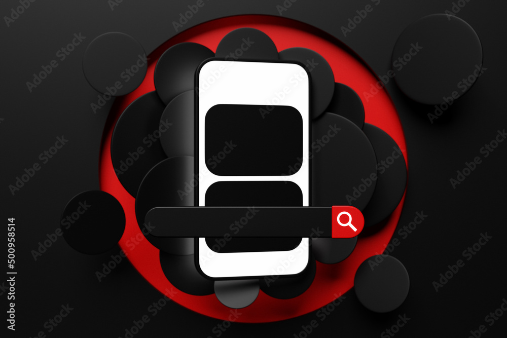 Poster 3d illustration of a smartphone with an open browser tab on the screen. internet search using smartp