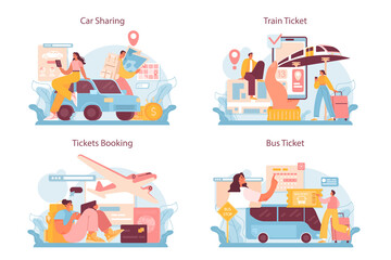 Trip booking concept set. Buying a ticket for plane, bus or train. Car sharing