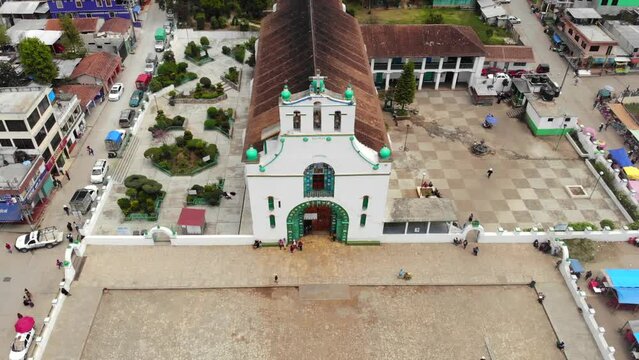 Aerial drone view of Iglesia de San Juan Chamula - the unique Church in authentic town in Chiapas, Mexico