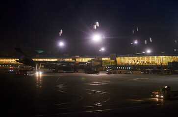 planes stand in an empty airport at night. airport lights