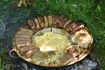  chicken and fried potatoes on a cast iron disk
