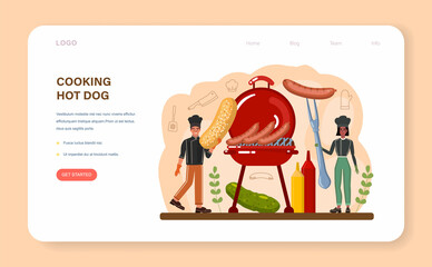Hot dog web banner or landing page. Unhealthy fast food cooking