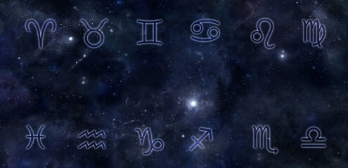 The twelve celestial signs of the Zodiac Dark Night Sky Banner - beautiful dark blue cosmos background with 12 astrology signs arranged in date order along the top and bottom  providing central copy s