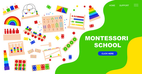 Educational logic toys for Montessori games. Creative banner, landing page for a website in a flat style. Montessori school. Sensory education with the help of didactic classes. - obrazy, fototapety, plakaty