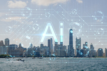 City view, downtown skyscrapers, Chicago skyline panorama, Lake Michigan, harbor area, daytime, Illinois, USA. Artificial Intelligence concept. AI, machine learning, neural network, robotics. Hologram