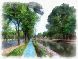 Fototapeta na wymiar walkways and bike paths along the road watercolor style illustration impressionist painting.