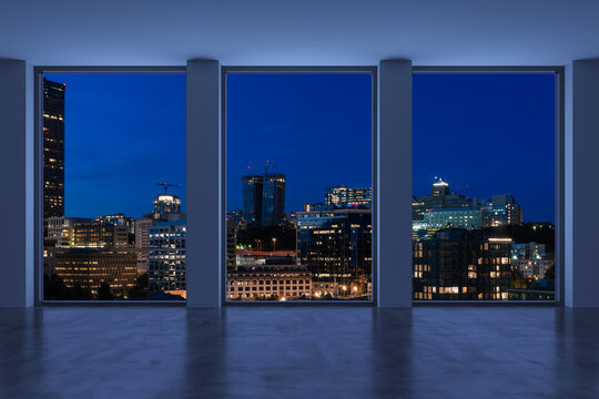 Empty room Interior Skyscrapers View. Cityscape Downtown Seattle City Skyline Buildings from High Rise Window. Beautiful Real Estate. Night time. 3d rendering.