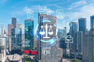 Aerial panorama city of Chicago downtown area, day time, Illinois, USA. Birds eye view, skyscrapers, skyline. Glowing hologram legal icons. The concept of law, order, regulations and digital justice