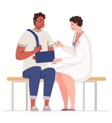 Male patient on examination by doctor with hand injury fixed with bandage. Man with broken arm in traumatology. Colored flat cartoon. Vector characters.