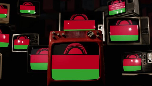 Flag of Malawi and Vintage Televisions. 4K Resolution.
