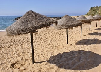 Tropical sun umbrellas on a sandy beach 