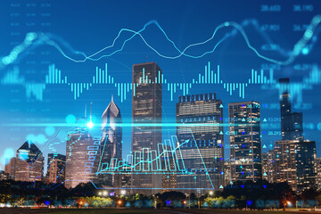 Naklejka na ściany i meble Chicago skyline from Butler Field to financial district skyscrapers, night time, Illinois, USA. Park, gardens. Forex graph hologram. The concept of internet trading, brokerage and fundamental analysis