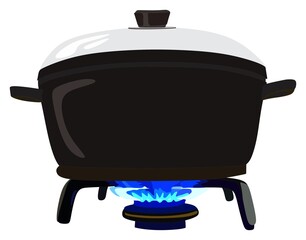 a pot on stove fire cooking food concept natural gas blue propene flames object on isolated background boiling heating hot temperature vector illustration drawing kitchen chef item cartoon interior