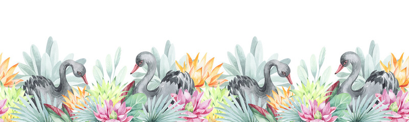 Watercolor seamless borders. Australia tropical flowers and plants with Australian animals. Decor, cards, children's design, seamless border.