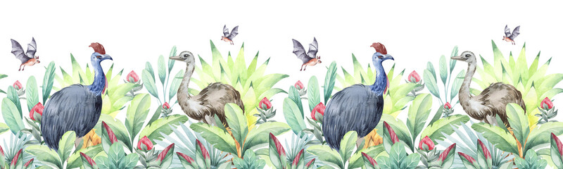 Watercolor seamless borders. Australia tropical flowers and plants with Australian animals. Decor, cards, children's design, seamless border.