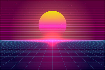 Retro Sci-Fi futuristic background 1980s and 1990s style 3d illustration. Digital landscape in a cyber world. For use as design cover.