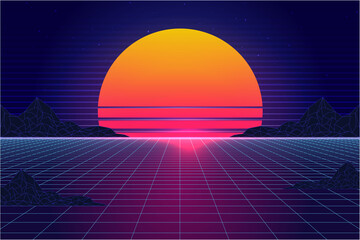 Fototapeta na wymiar Retro Sci-Fi futuristic background 1980s and 1990s style 3d illustration. Digital landscape in a cyber world. For use as design cover.