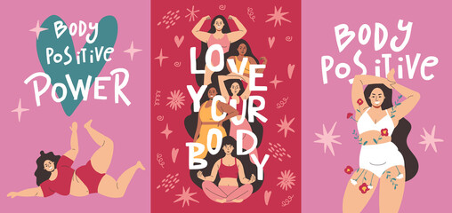 Very different beautiful girls are standing in swimsuits and smiling. Vector illustrations on the theme of body positivity and lettering. A set of postcards or posters