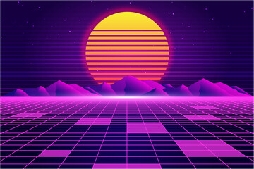 Retro Sci-Fi futuristic background 1980s and 1990s style 3d illustration. Digital landscape in a cyber world. For use as design cover. - obrazy, fototapety, plakaty
