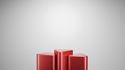 3 red triangular shaped podiums on a white background; 3d render; product show case