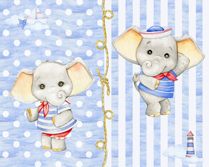 A baby elephant, dressed as a sailor, is lying on a whale. Watercolor clipart, on an isolated background.