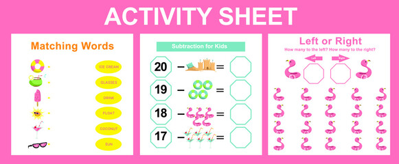 Activity sheet for children. Educational printable worksheet. Summer worksheet theme. Motor skills education. Vector illustrations.
