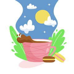 Morning cup of coffee against the blue sky and green leaves. Next to the cup is dessert - macaroons. Vector isolated image.