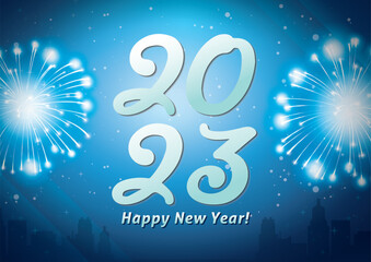 Colorful fireworks 2023 New Year vector illustration, bright on a blue background,
