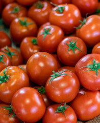 Fresh organic tomatoes on the street stall, organic tomatoes, close up