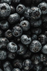 Set of wet fresh blueberries on dark surface. Dark food photography.