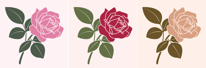 Red, Pink and Gold Rose flower linocut style vector illustration